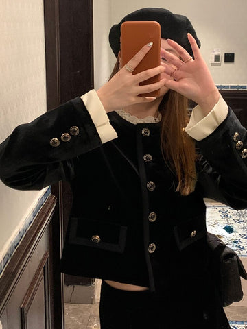 Yipinpay 2 Piece Dress Set Woman Vintage Velvet Suit Slim Balck Lace Tops + Elegant Y2k Mini Skirt Casual Design 2023 Auutumn